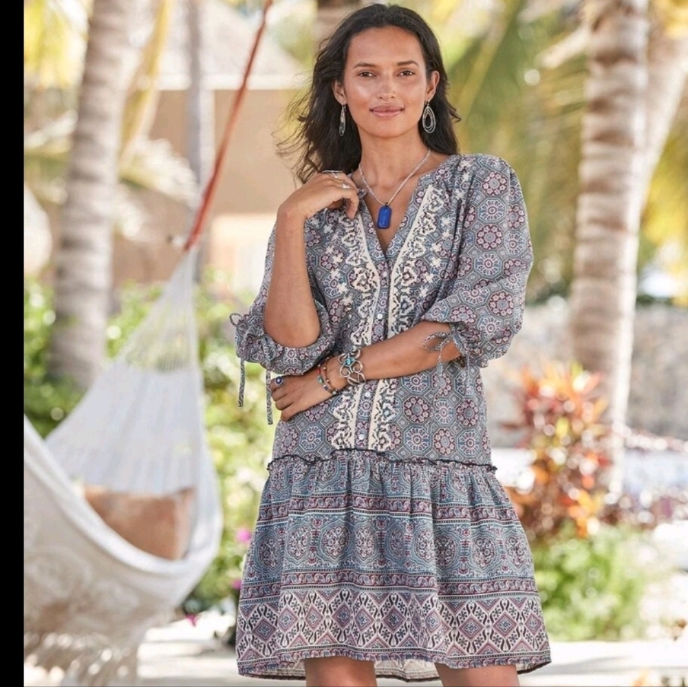 Sundance Zuri Discover Blue Maroon Medallion Print Boho Midi Resort Dress Size S